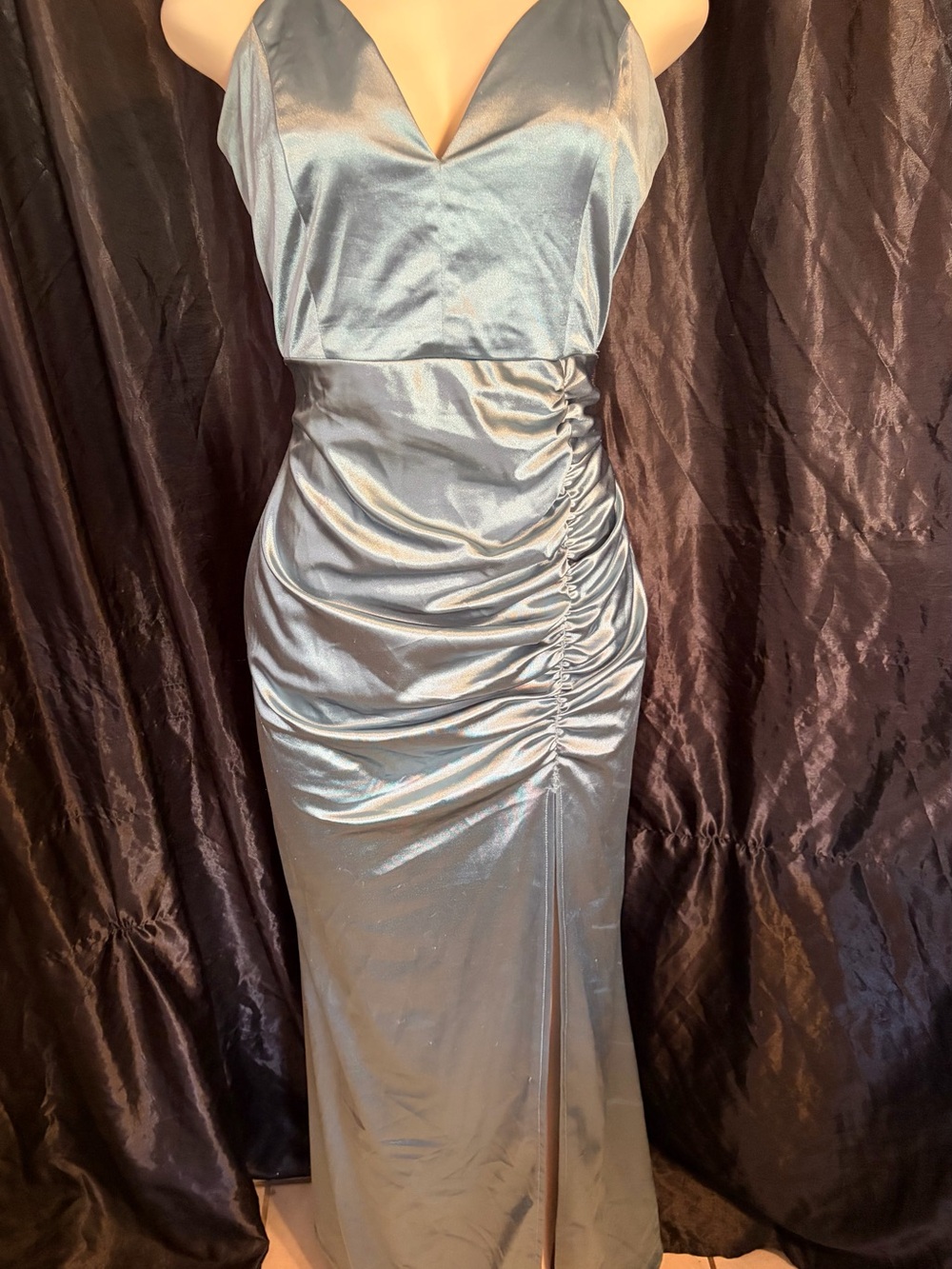 Emerald Sundae Green Silver Satin Ruched Slip Gown